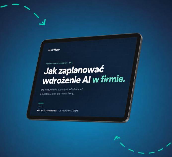 Okładka przewodnika „Jak zaplanować wdrożenie AI w firmie” wyświetlona na tablecie.