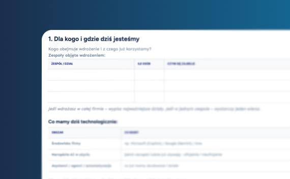Szablon planu wdrożenia AI z sekcją mapującą zespoły i obecne technologie w firmie.